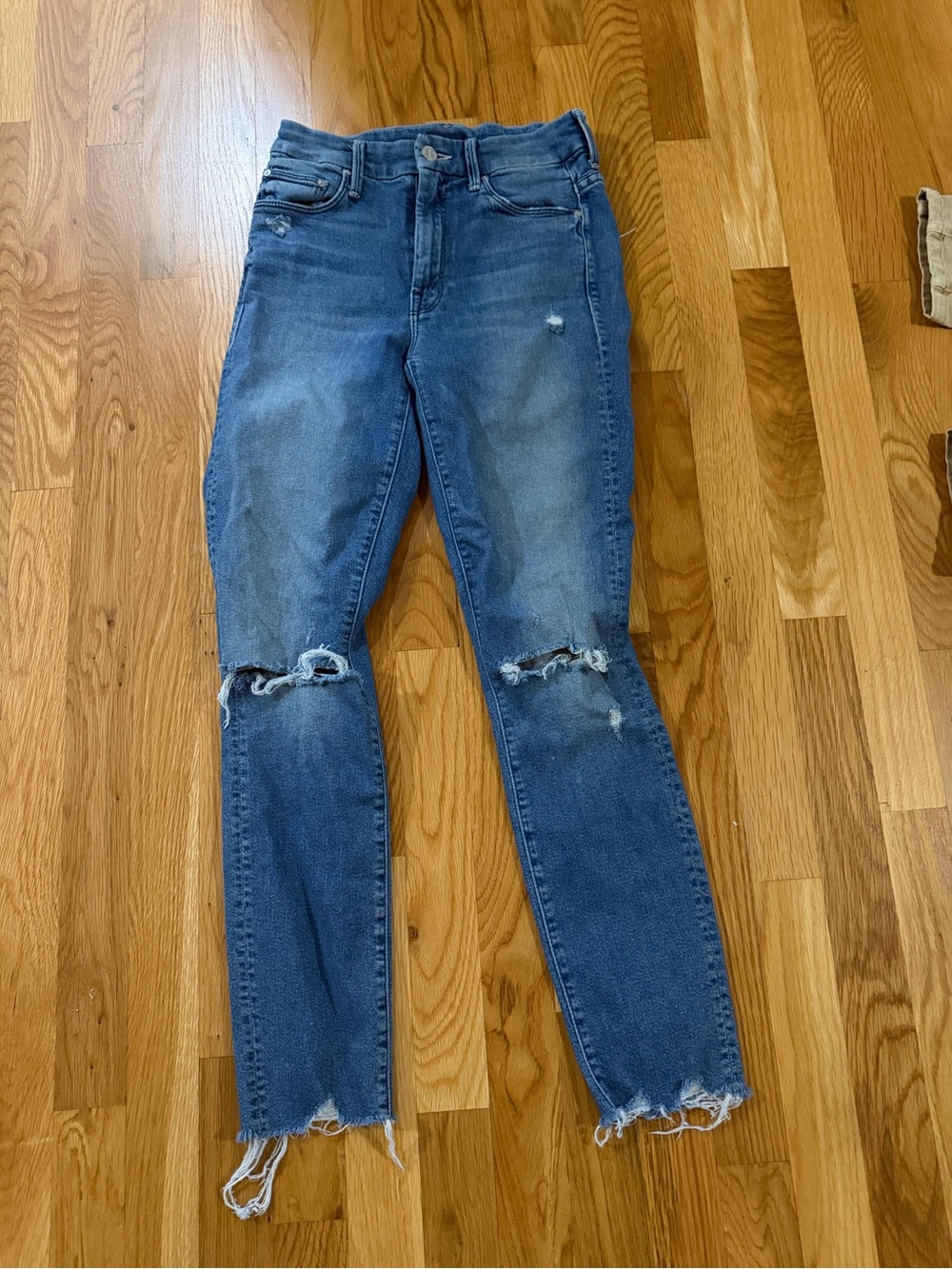 MOTHER Distressed Medium Blue Skinny Jeans with Knee Rips